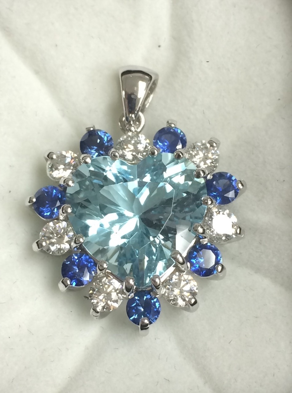 30+ Ct. Aquamarine Handmade Pendant 18 Kt. White Gold with Sapphires and Diamonds