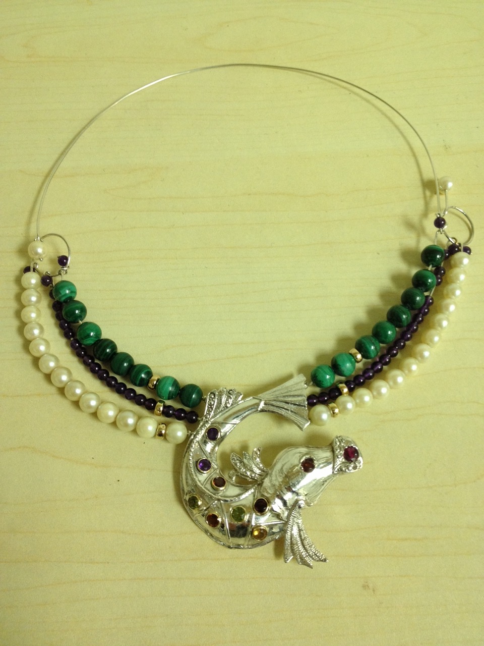 Sterling Silver with Gold Fish with Rubies, Amethysts, Citrine, Peridot, Malachite, and Pearl Necklace